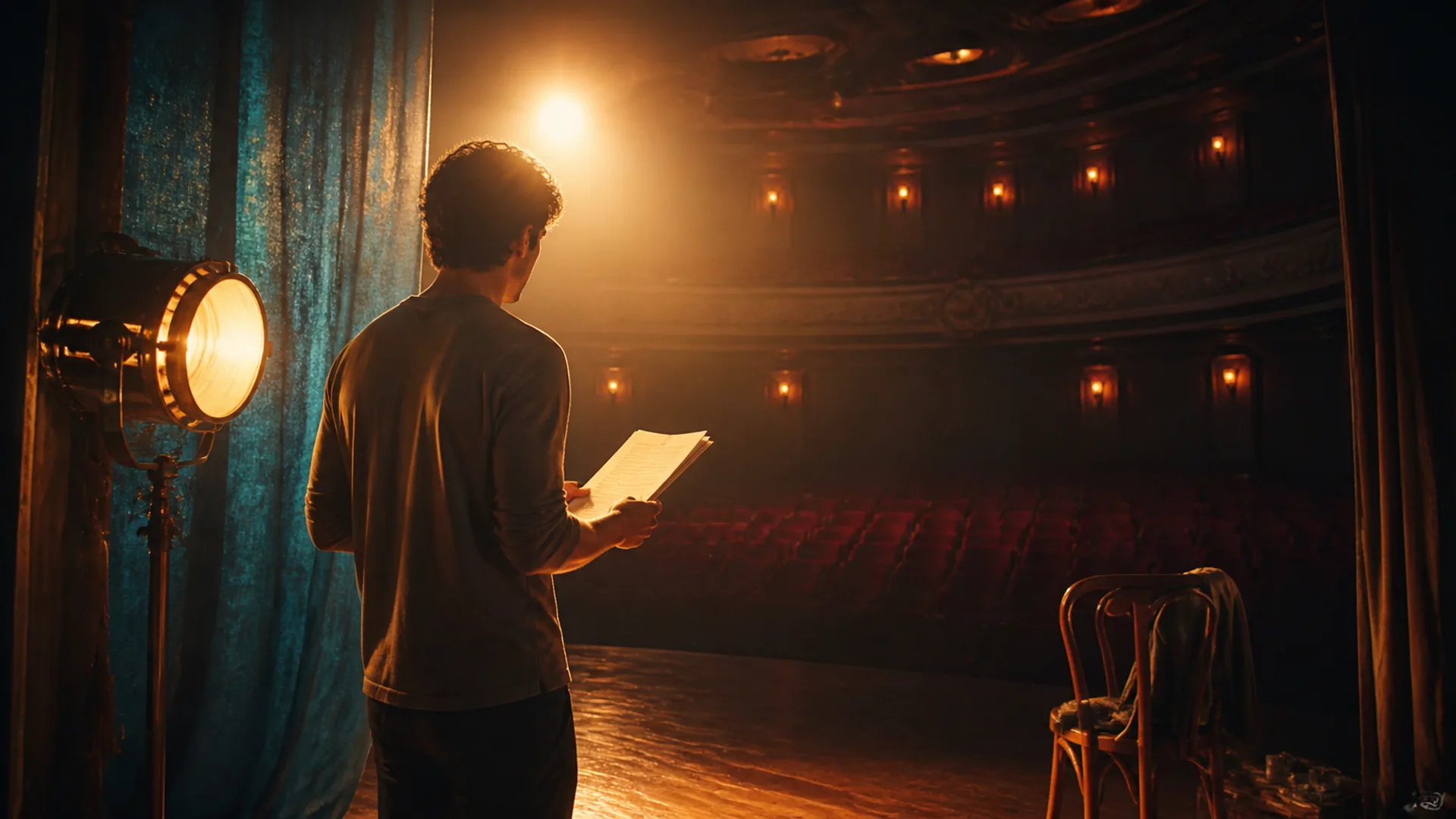 Ilustração editorial de um ator lendo um roteiro nos bastidores de um teatro