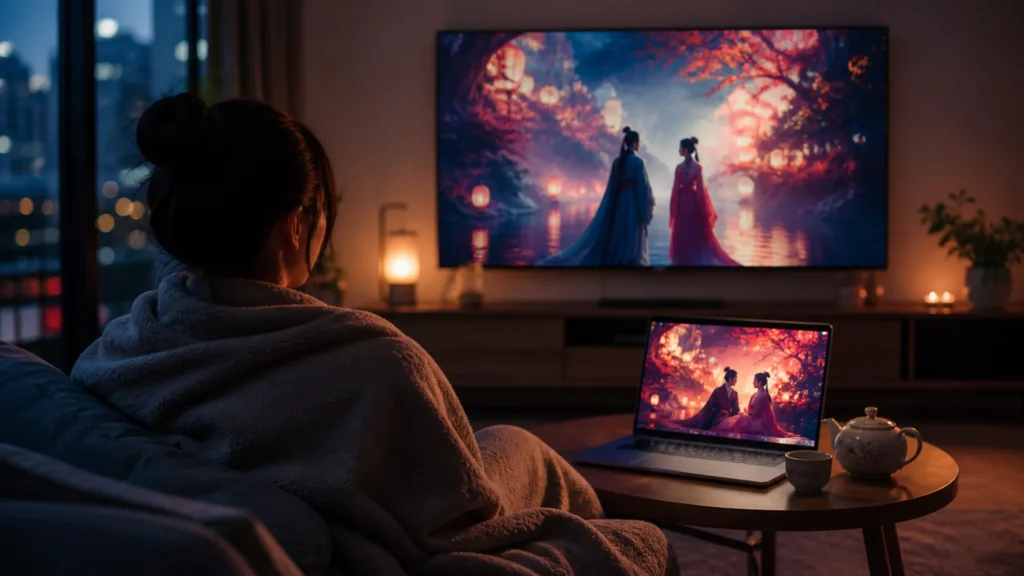 Pessoa assistindo a um dorama em uma sala aconchegante, imagem ilustrativa das plataformas gratuitas