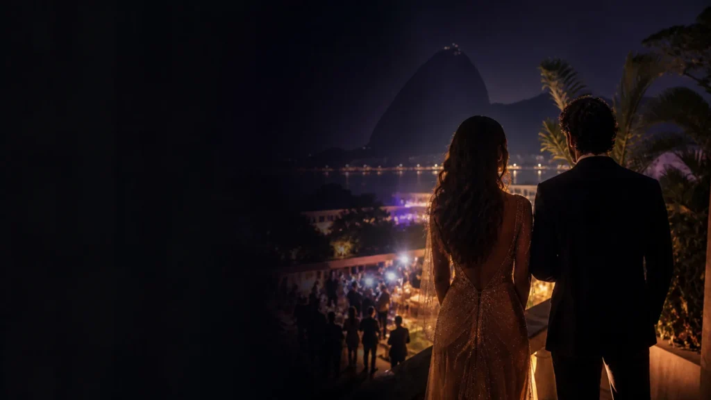 Ilustração editorial de dois artistas vistos de costas em um evento noturno no Rio de Janeiro