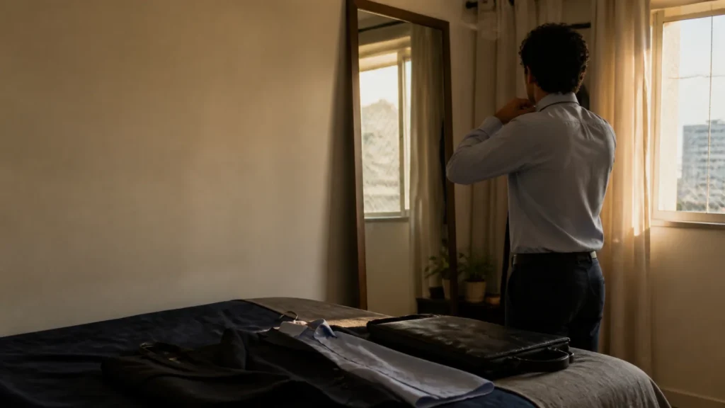 Homem não identificável se arruma diante do espelho para um primeiro dia de trabalho
