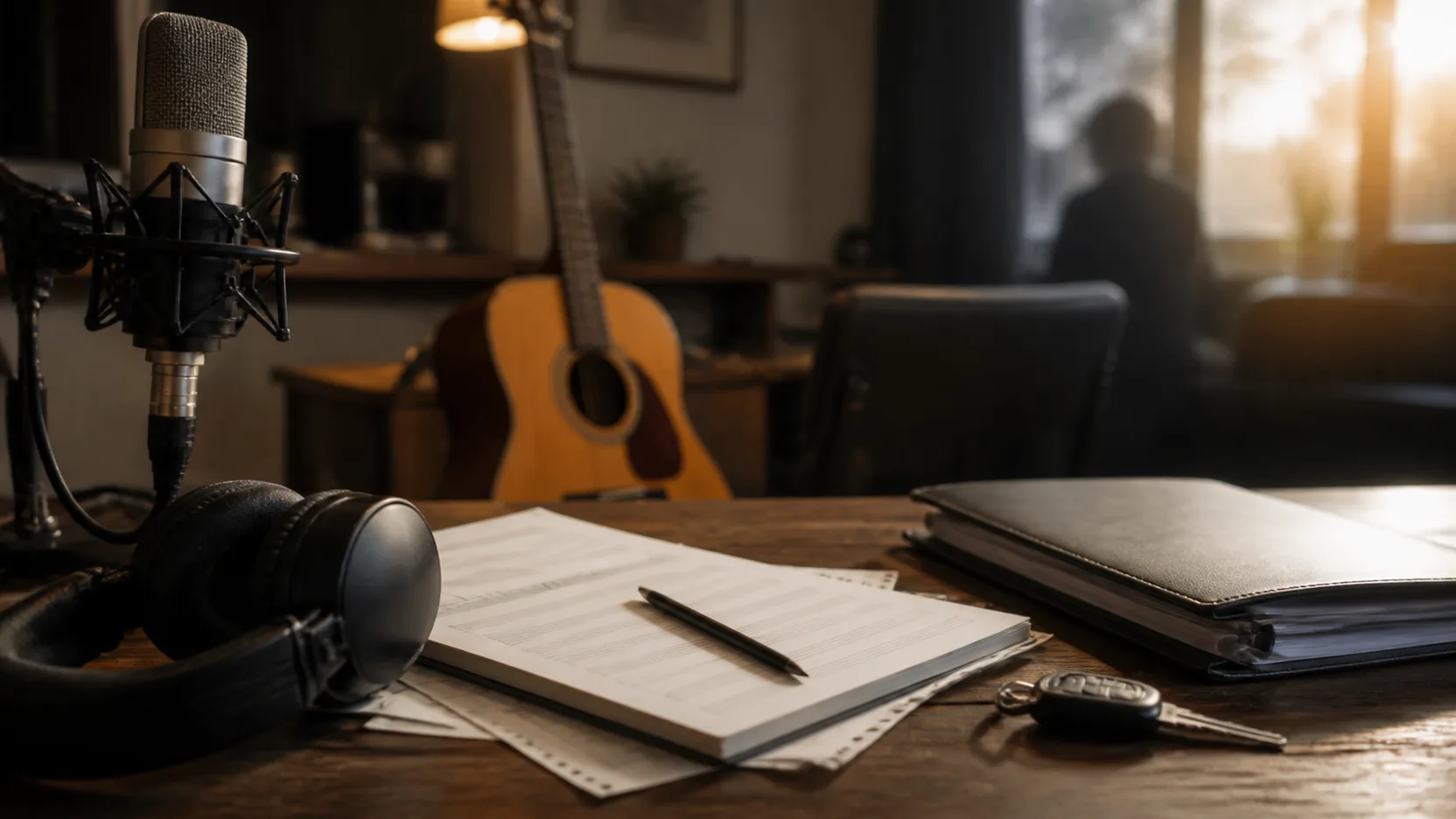 Estúdio musical com microfone, violão, fones, documentos sem texto legível e chaves sobre uma mesa