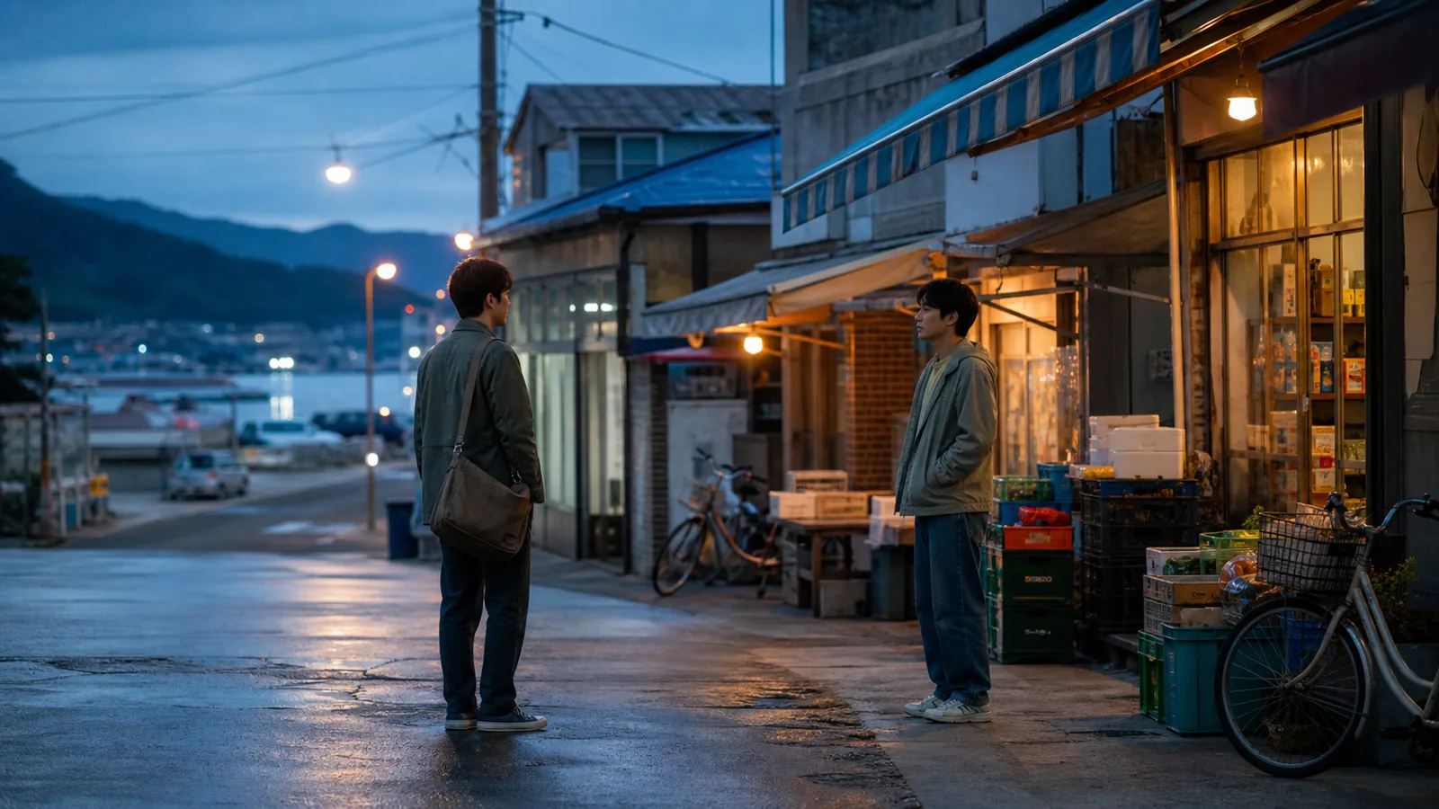 Flores no Deserto: dois amigos se reencontram em uma rua coreana ao anoitecer