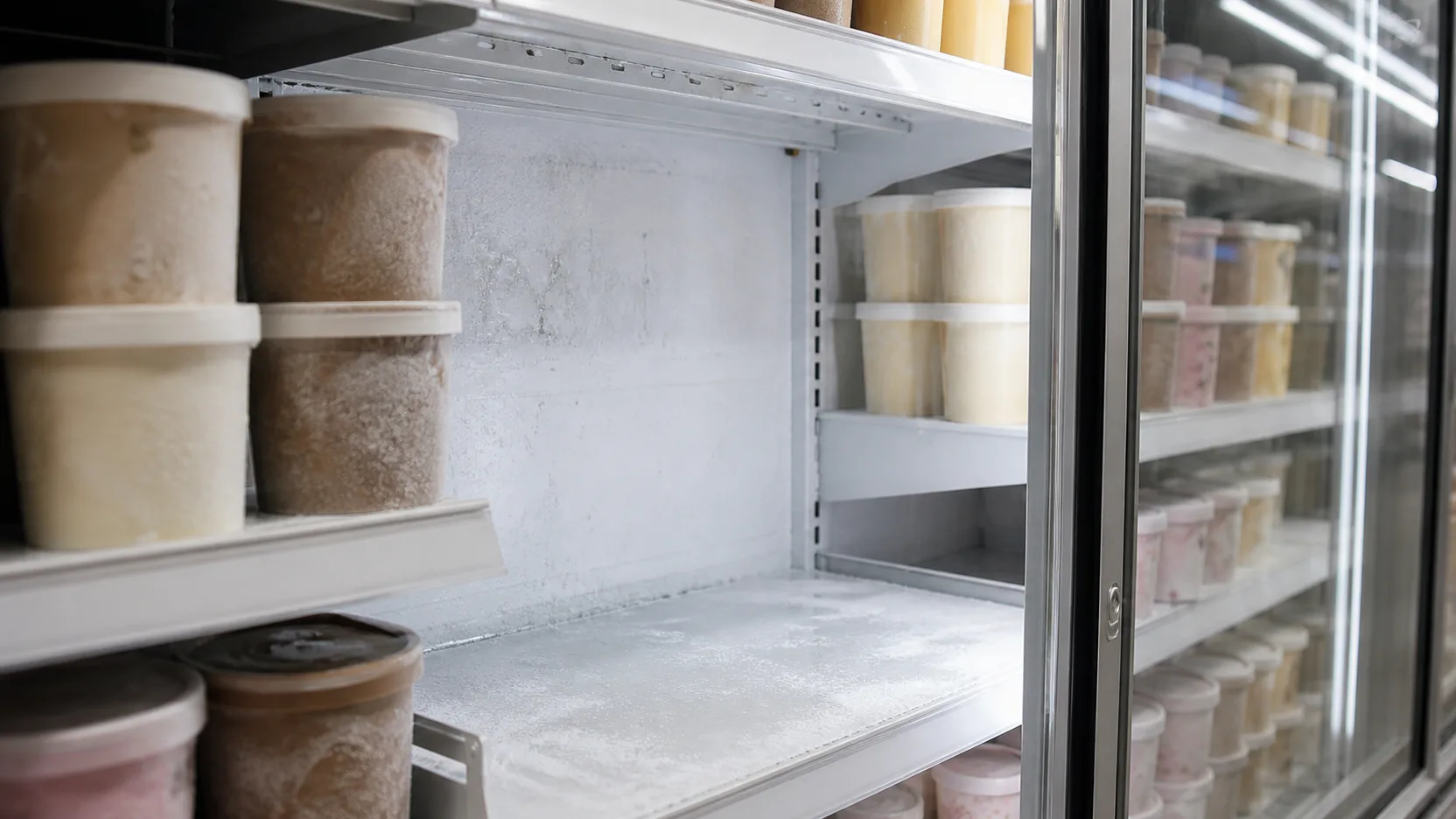 Prateleira vazia e congelada em freezer de supermercado entre potes genéricos de sorvete
