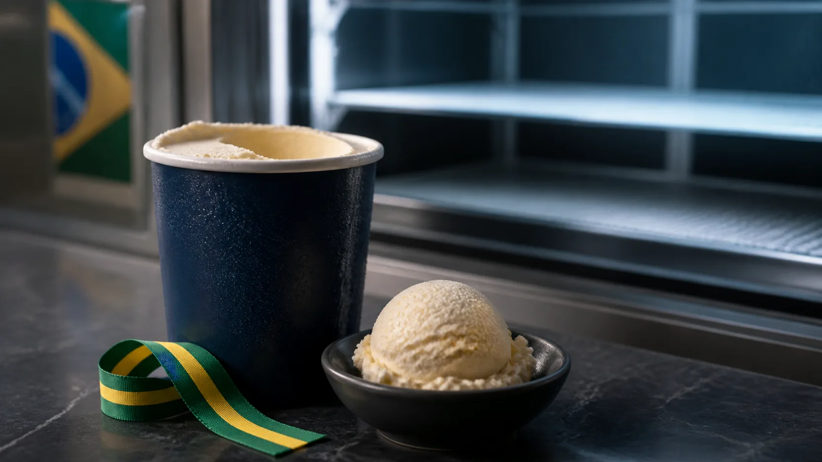 Pote genérico de sorvete premium ao lado de uma prateleira vazia em freezer, com detalhe em cores da bandeira do Brasil