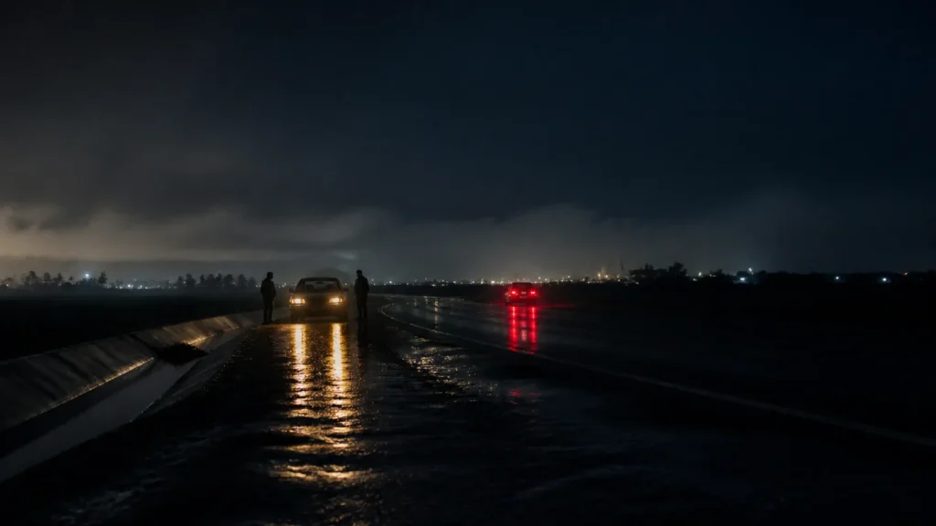 Estrada molhada à noite com dois policiais anônimos ao lado de um carro, em imagem conceitual sobre La Captura na Netflix