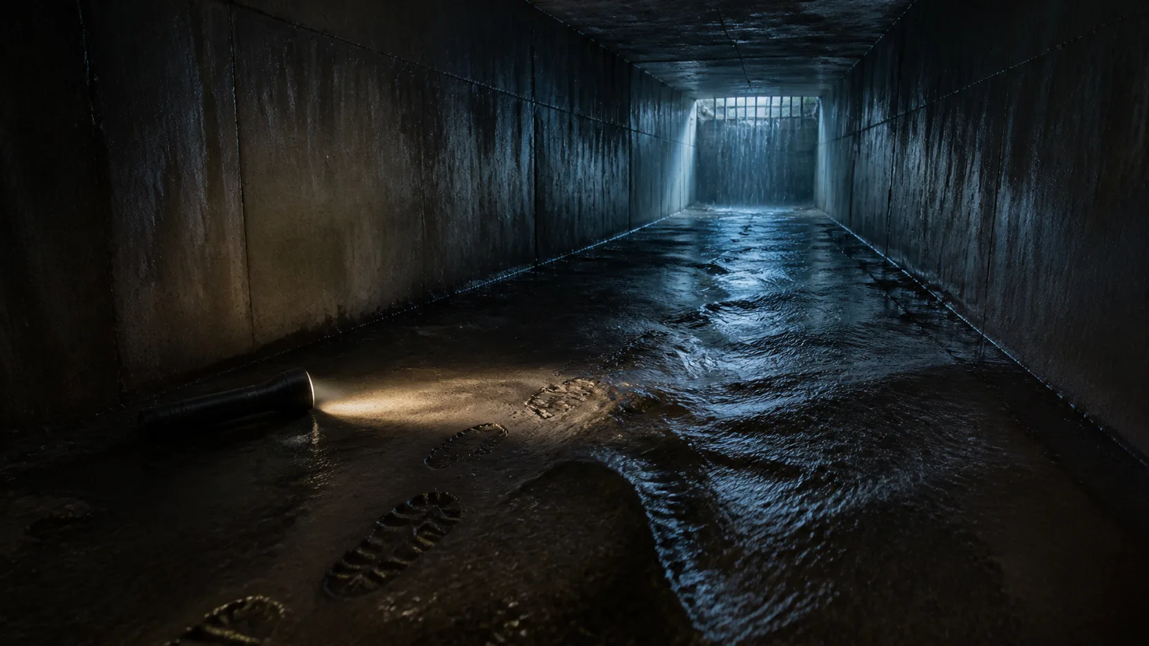 Túnel de drenagem molhado com lanterna e pegadas, imagem conceitual sobre a fuga que antecedeu a captura de El Chapo