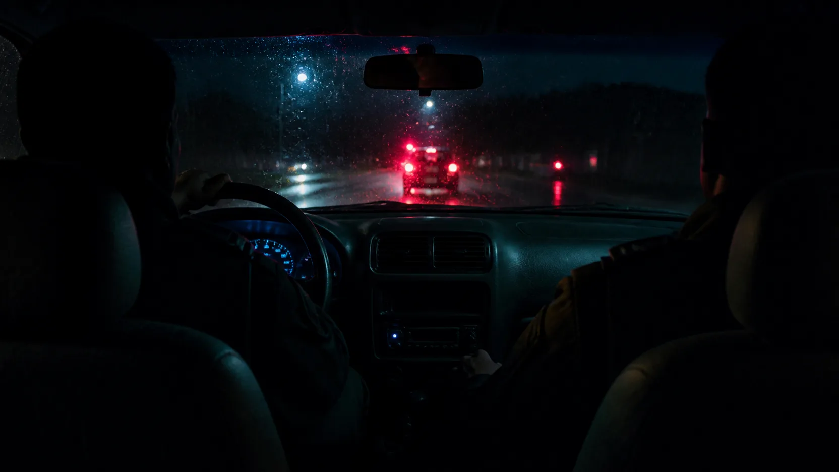 Interior escuro de um carro de patrulha sob chuva, imagem conceitual sobre o dilema moral de La Captura