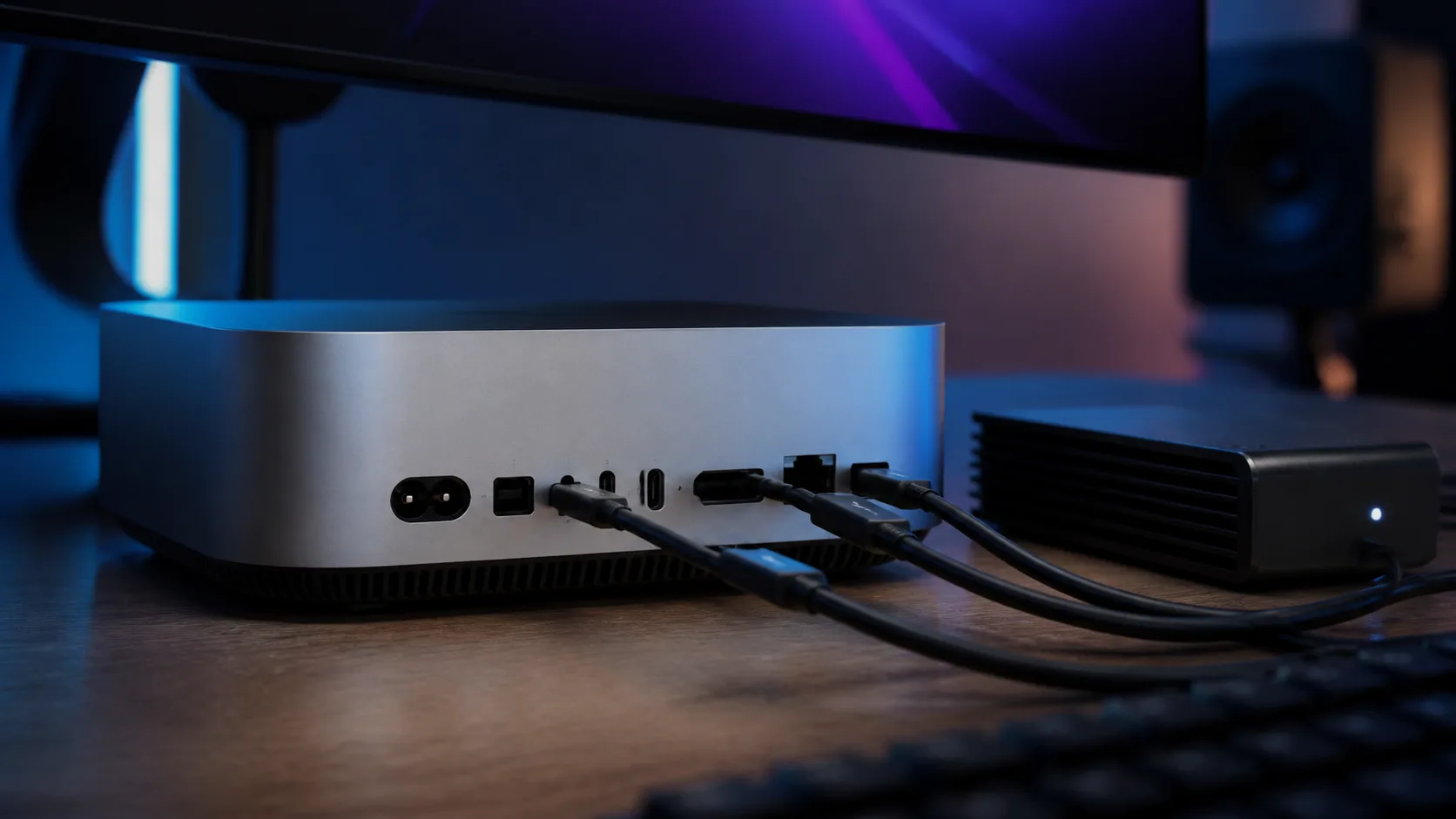 Vista traseira de um computador compacto com cabos conectados a monitor e armazenamento externo