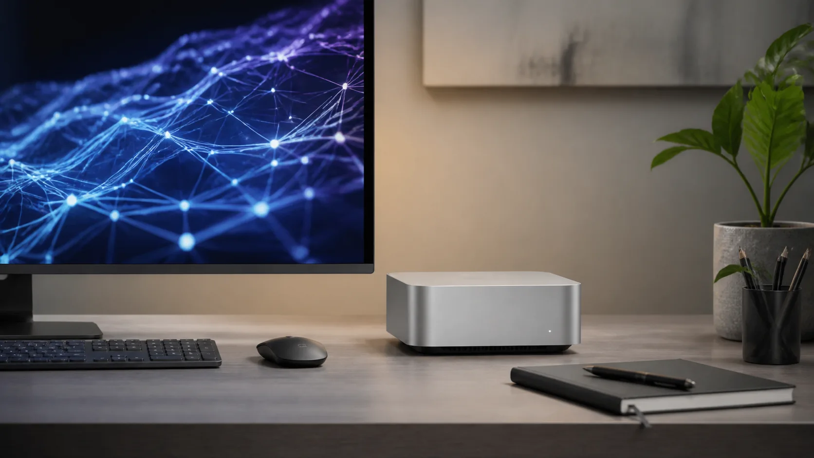 Computador compacto em uma mesa diante de monitor com visual abstrato de inteligência artificial