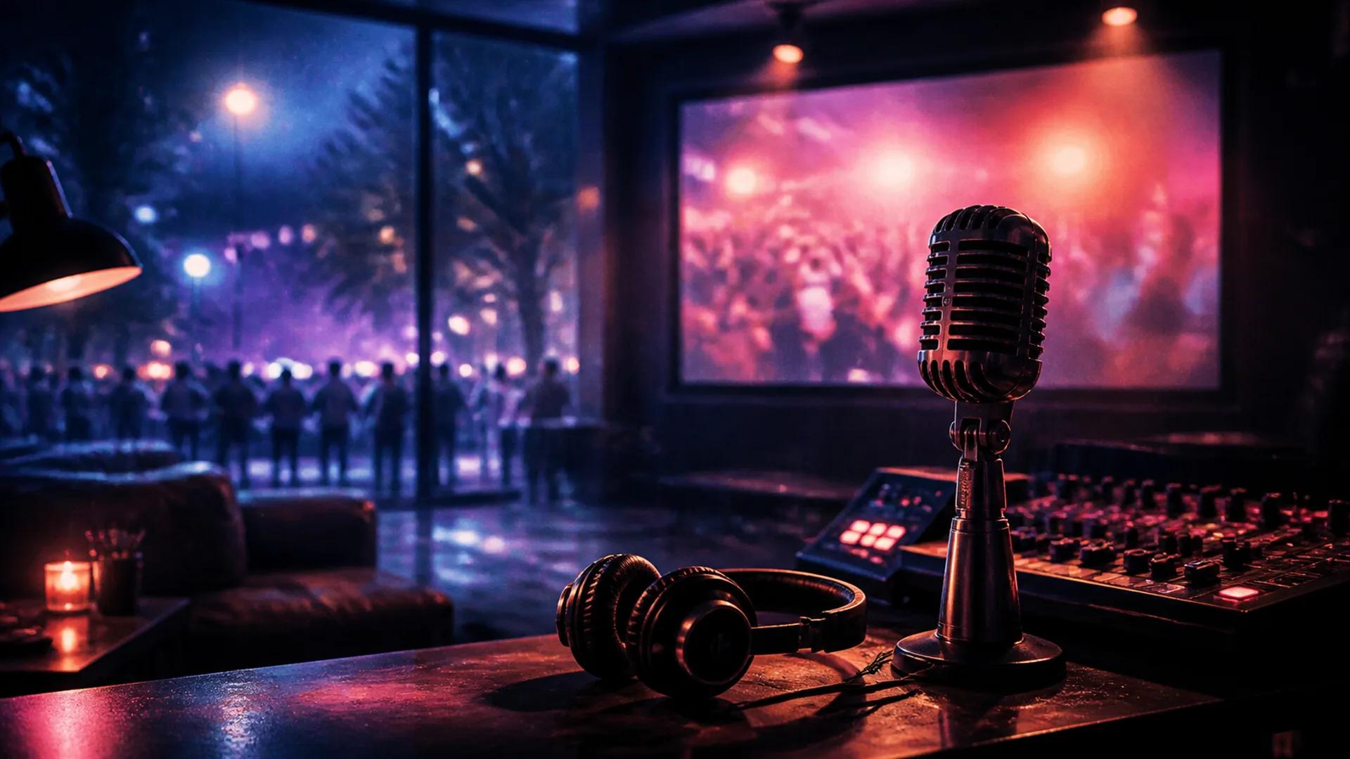 Ilustração editorial com microfone, fones e tela de cinema em ambiente colorido