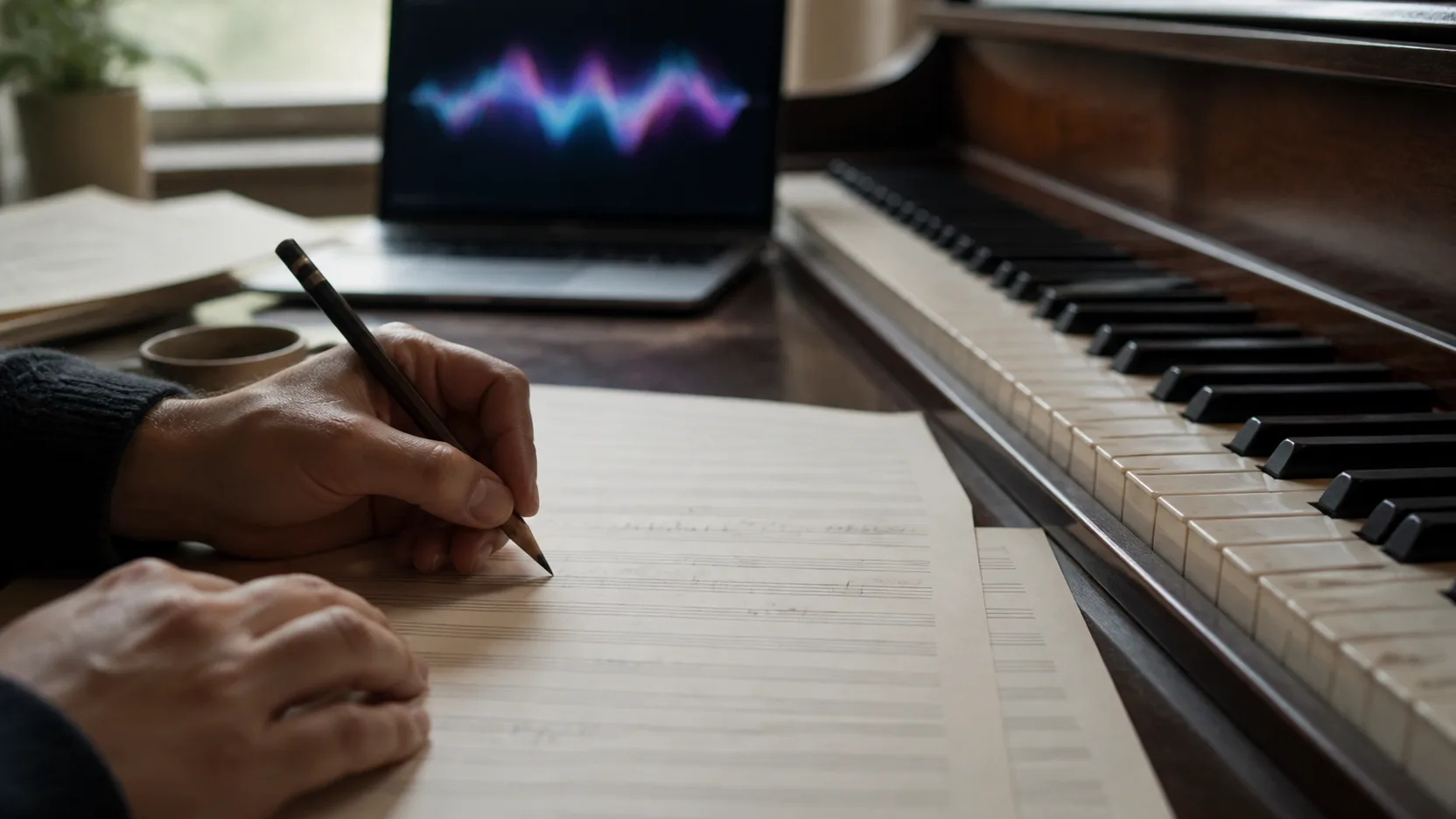 Mãos escrevendo em uma partitura ao lado de um piano e de uma tela com onda sonora abstrata