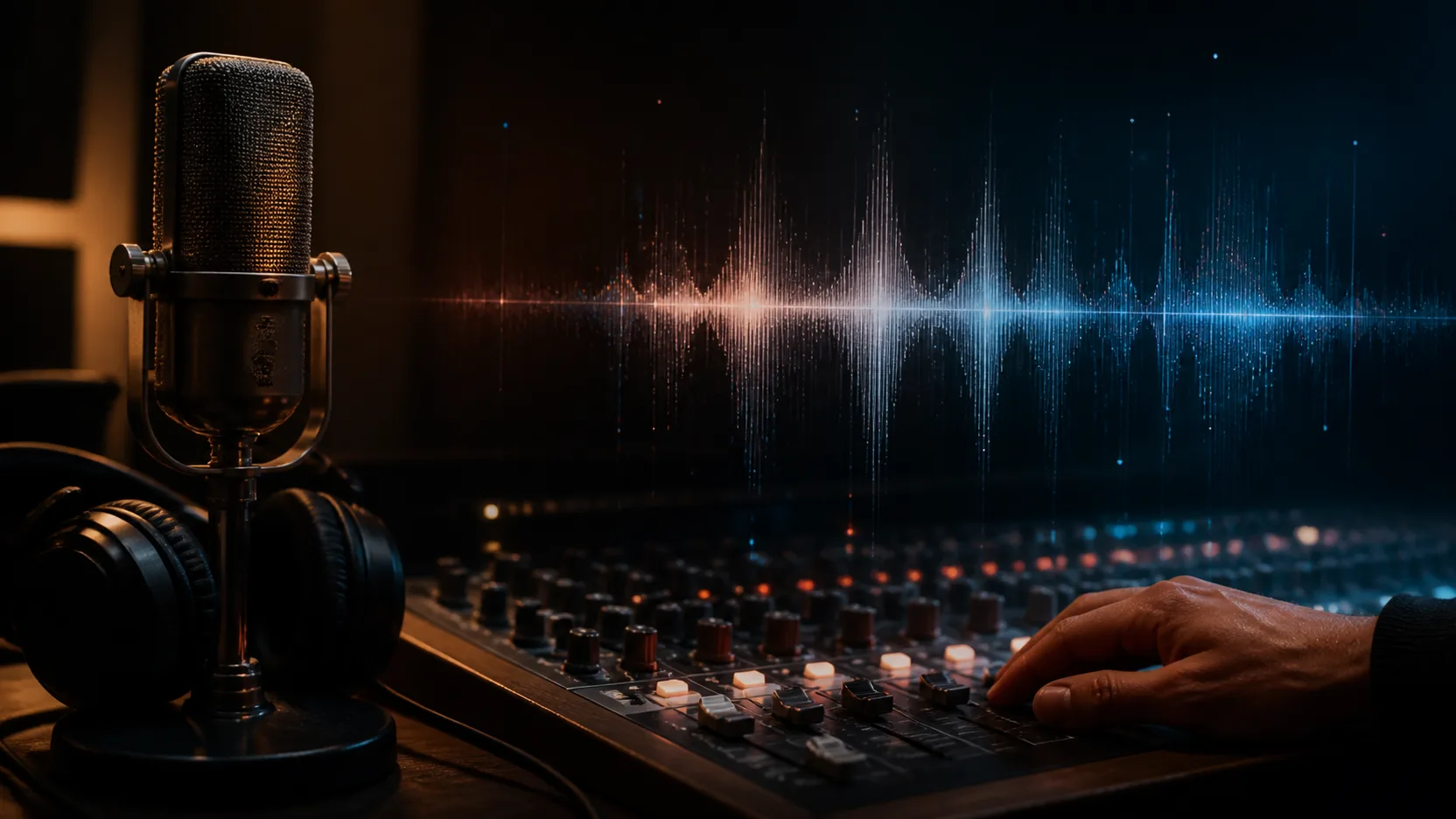 Microfone de estúdio, fones e mão humana diante de uma mesa de mixagem com onda sonora digital abstrata