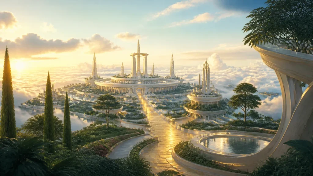 Conceito visual de uma cidade espiritual luminosa acima das nuvens