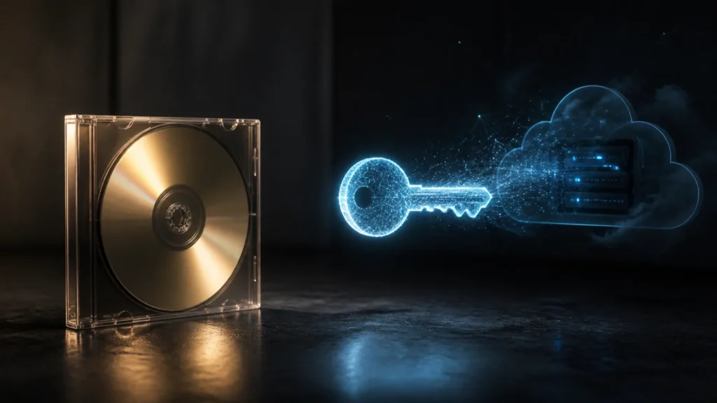 Capa conceitual sobre jogos digitais do PlayStation: um disco físico ao lado de uma chave digital ligada a servidores.