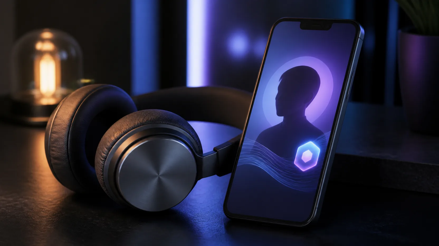 Fones de ouvido e smartphone com perfil artístico abstrato e selo luminoso sem texto